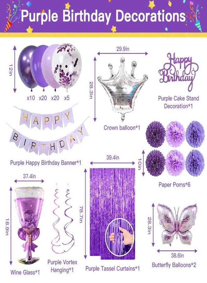 NOONEAU Purple Birthday Decorations for Women, Happy Birthday Banner, Purple Paper Pompoms,Fringe Curtain,Foil Balloons , Hanging Swirls for Women Girls Birthdays Party favors - Image 2