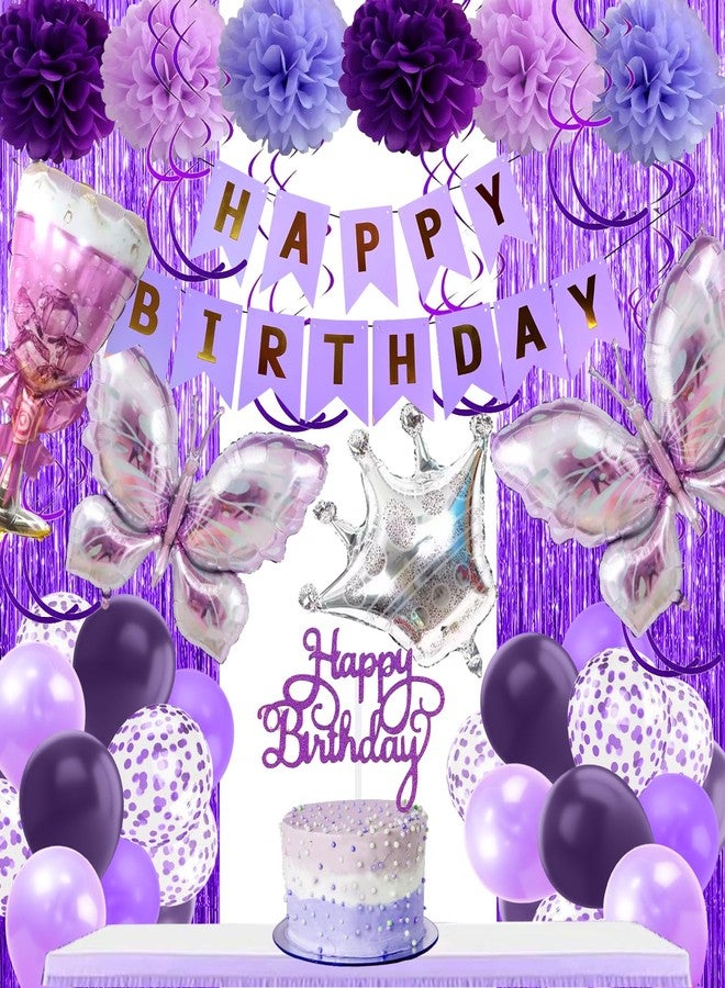 NOONEAU Purple Birthday Decorations for Women, Happy Birthday Banner, Purple Paper Pompoms,Fringe Curtain,Foil Balloons , Hanging Swirls for Women Girls Birthdays Party favors - Image 1