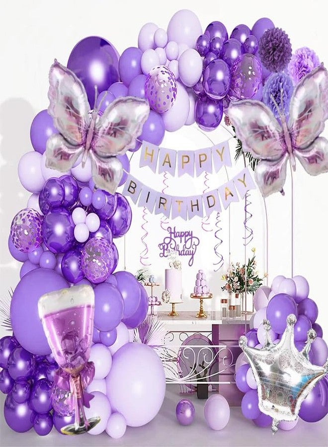 NOONEAU Purple Birthday Decorations for Women, Happy Birthday Banner, Purple Paper Pompoms,Fringe Curtain,Foil Balloons , Hanging Swirls for Women Girls Birthdays Party favors - Image 5