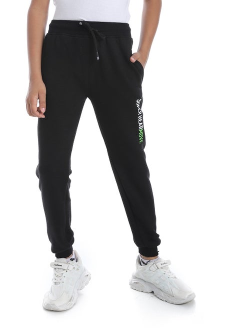 Black Elastic Waist Printed Boys Sweatpants_Black
