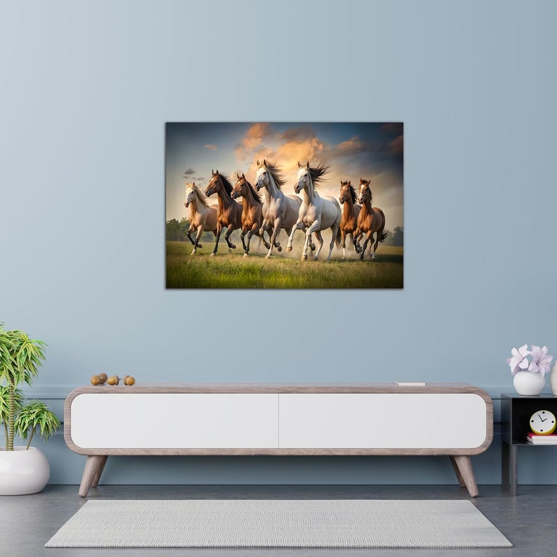 FlyBuy HUB Flybuy Hub Premium Canvas Wall Painting 7 Running Horses Vastu Design Living Room Decor Colour 1 18 X 12 INCH Wrapped Canvas - Image 4