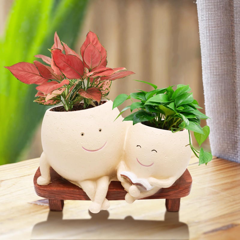 LAUGOKOBE Smily Face Planter Pot for Plants, Cute Double Head Planters for Indoor Outdoor Plants, Modern Lady Head Vase Girl Face Planter, Unique Succulent Pots with Drainage Hole (Khaki) - Image 3