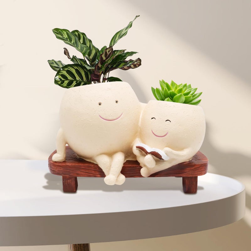 LAUGOKOBE Smily Face Planter Pot for Plants, Cute Double Head Planters for Indoor Outdoor Plants, Modern Lady Head Vase Girl Face Planter, Unique Succulent Pots with Drainage Hole (Khaki) - Image 1