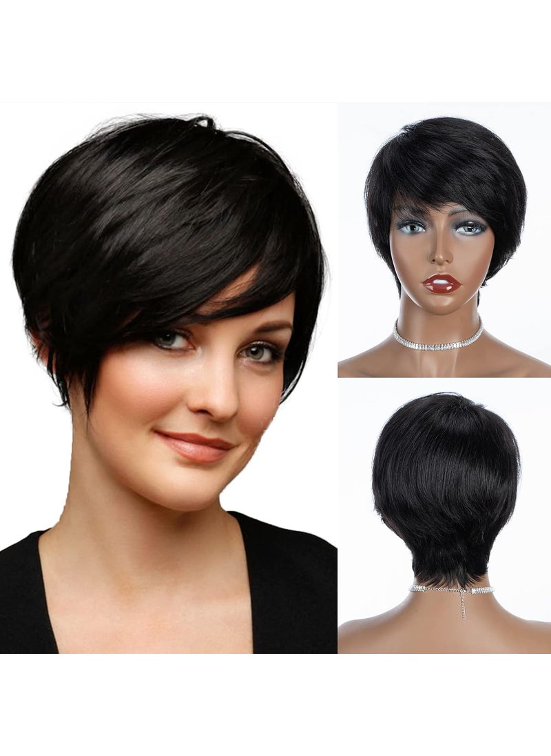 QUEEN VIRGIN REMY QUEEN VIRGIN REMY QVR Pixie Cut Wig Human Hair Wigs with Bangs Short Wigs for Black Women Human Hair Different Style Pixie Wig for Daily Wear Natural Black Color 
