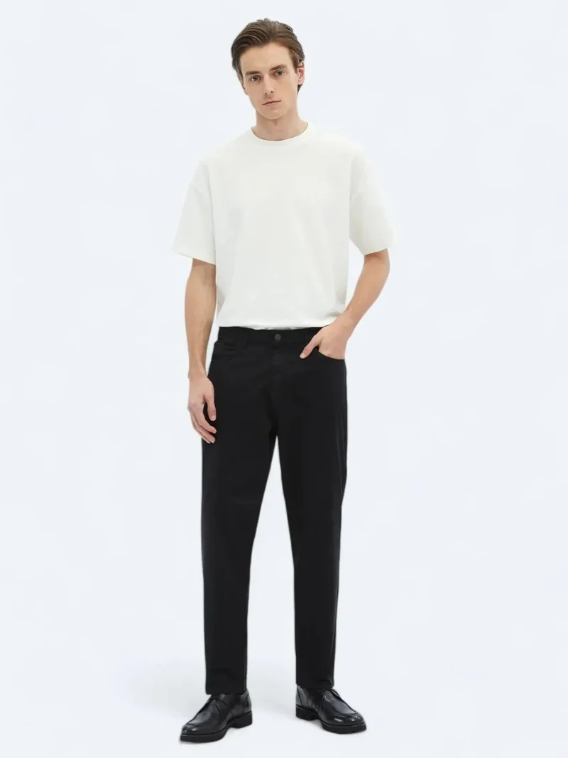 Kip Black Weaving Carrot Fit Casual Cotton Blended Trousers