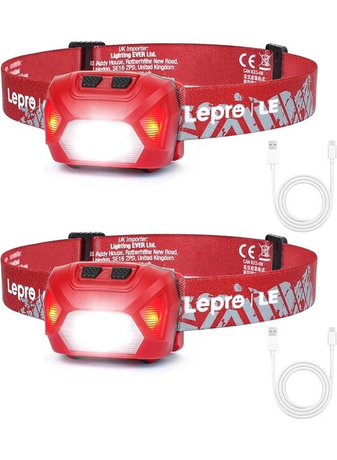 Lepro Headlamp Rechargeable 2-Pack, 2000 Lux Super Bright LED Headlamp with Red and White Light, 6 Lighting Modes, Waterproof Lightweight Headlight for Kids & Adults for Running Fishing Camping - Image 1