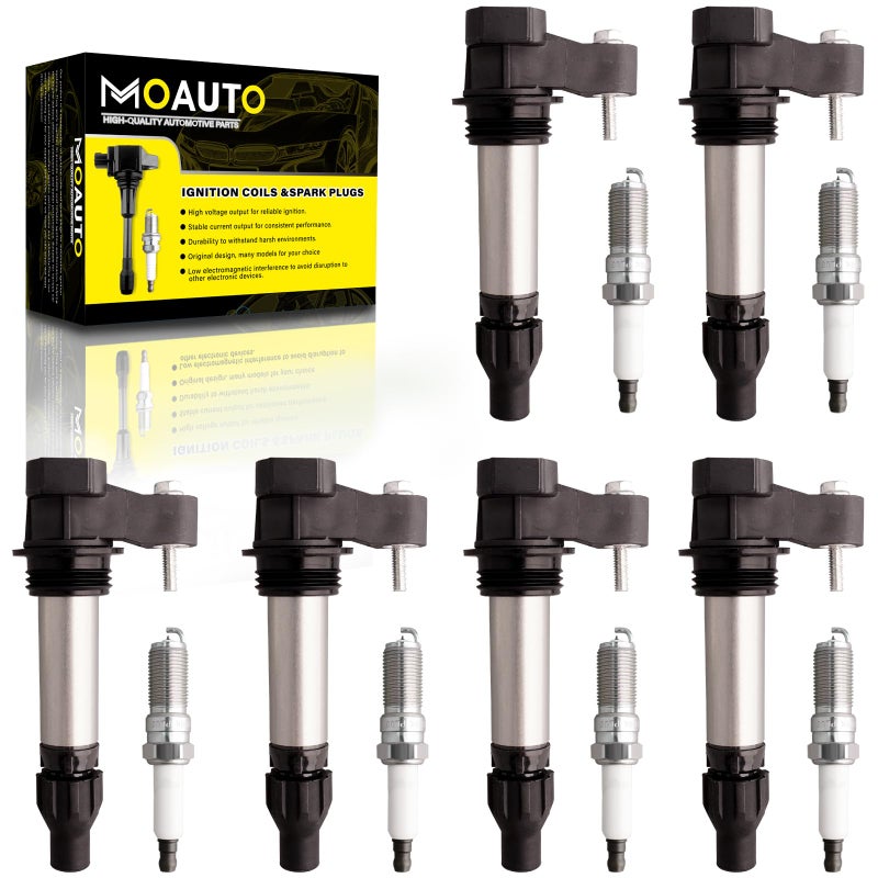 MOAUTO Set of 6 Ignition Coils Pack UF569 12590990 6 PCS Iridium Spark Plugs Compatible with Cadillac ATS CTS SRX XTS Buick Chevy GMC Camaro Equinox Impala Terrain Saturn Suzuki Saab
