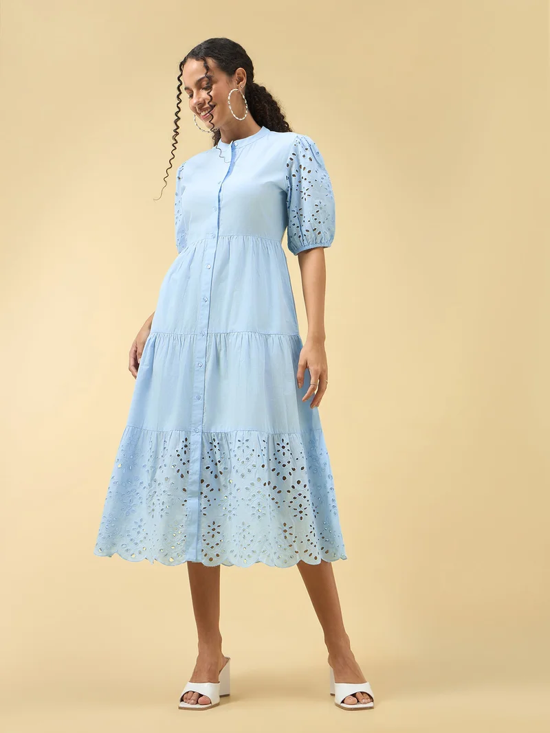 OUTZIDR Blue Puff Sleeve Pleated Dress