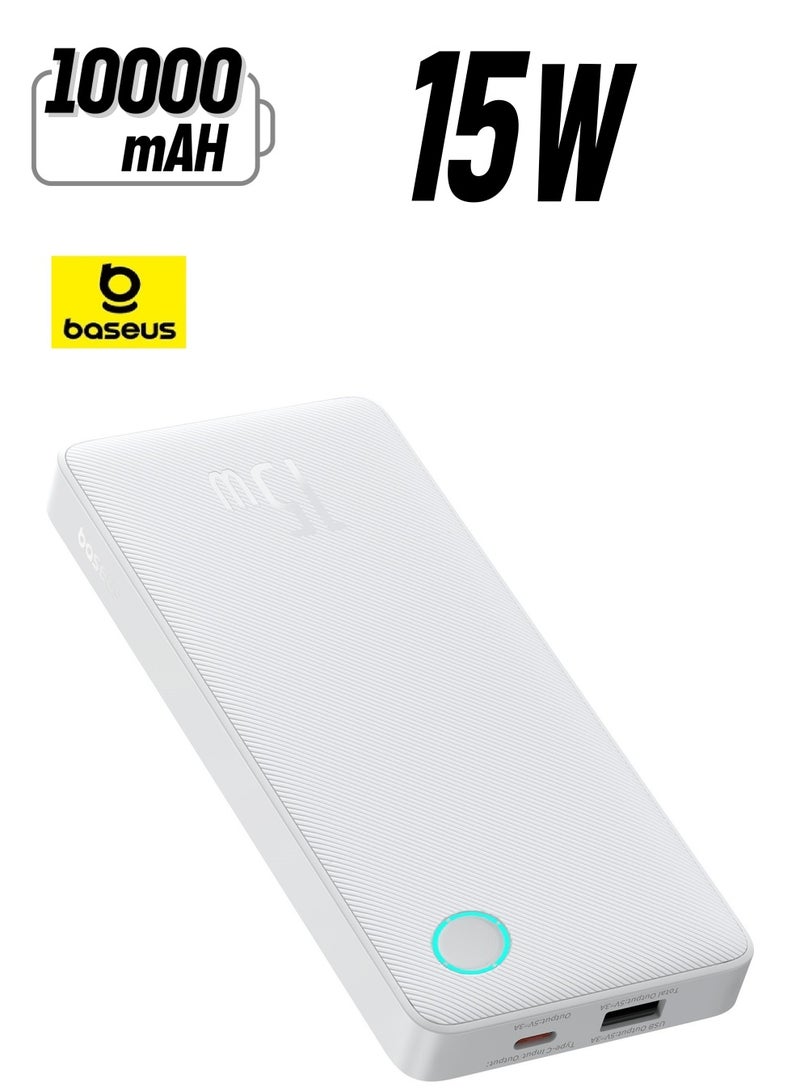 Baseus 10000 mAh Portable Power Bank, High-Capacity USB-C Charger with PD USB-C Port and QC USB-A Ports, 15W Fast Charging Battery Pack, Compatible with iPhone 16 Plus, 16 Pro, 16 Pro Max, 15, 14, 13, 12 Series, Samsung Galaxy S24/S23, iPad Air/Pro, Tablets, and Other Devices, Compact and Lightweight Design White - Image 1