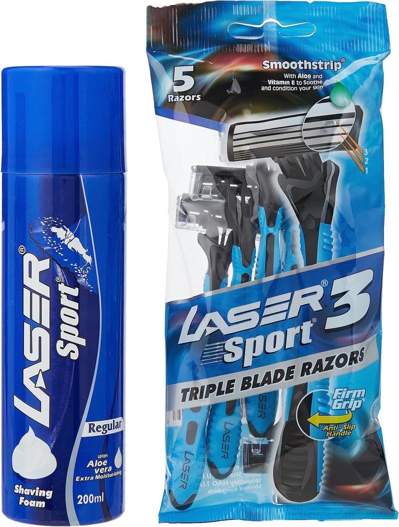 Laser Sport 3 Triple Blade Disposable Razors with Shaving Foam - 5 Pieces - Image 2