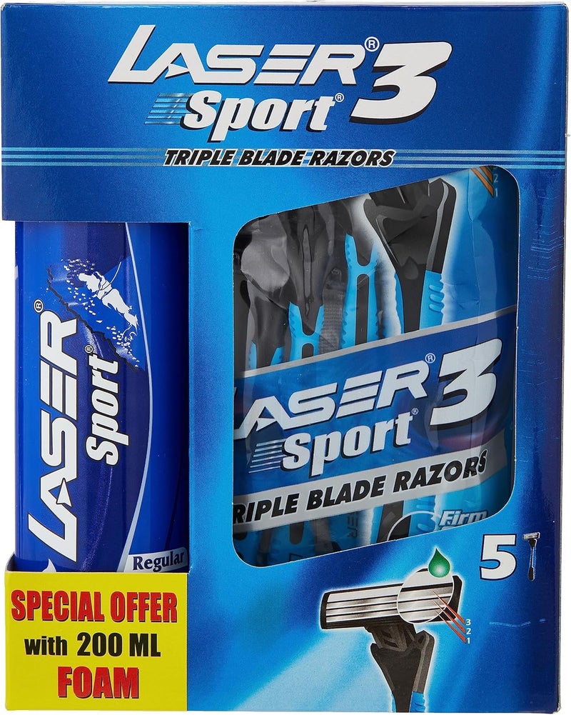 Laser Sport 3 Triple Blade Disposable Razors with Shaving Foam - 5 Pieces - Image 1