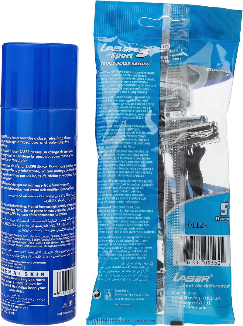 Laser Sport 3 Triple Blade Disposable Razors with Shaving Foam - 5 Pieces - Image 3