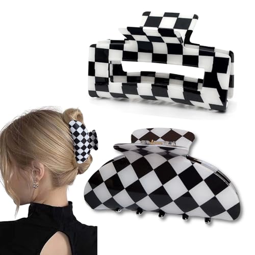 Fsmiling Womens Checkered Hair Clip Large Checkered Claw Clips Black And White Jaw Clip,2pack - Image 1