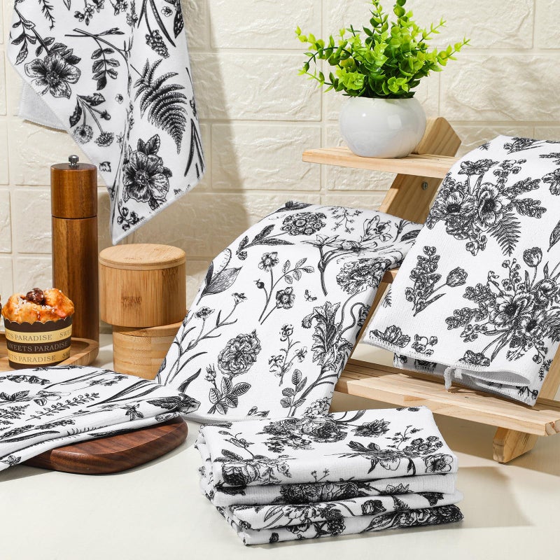 Boyiee Set of 6 Vintage Floral Kitchen Towels Black Plants Dish Towels White Rustic Tea Towels Absorbent Flower Dish Towels 24""x16"" Hand Towels for Summer Farmhouse Kitchen Bathroom Housewarming Gift - Image 2