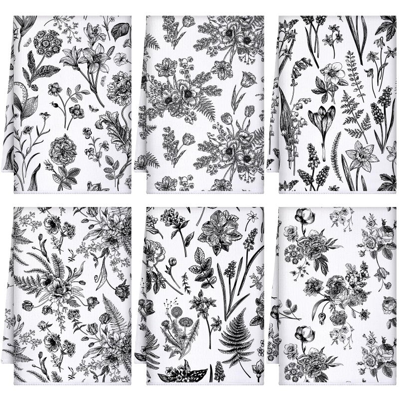 Boyiee Set of 6 Vintage Floral Kitchen Towels Black Plants Dish Towels White Rustic Tea Towels Absorbent Flower Dish Towels 24""x16"" Hand Towels for Summer Farmhouse Kitchen Bathroom Housewarming Gift - Image 1