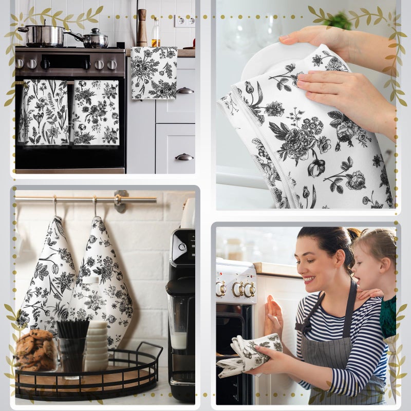 Boyiee Set of 6 Vintage Floral Kitchen Towels Black Plants Dish Towels White Rustic Tea Towels Absorbent Flower Dish Towels 24""x16"" Hand Towels for Summer Farmhouse Kitchen Bathroom Housewarming Gift - Image 5