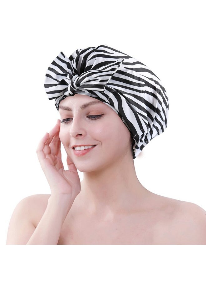 greatremy Reusable Shower Cap For Women Girls Bigger Hair Cap For Showerwaterproof Shower Capreusable Large Bath Shower Caps For Long Hair Braids With Adjustable Bow Zebra Strip  - Image 1