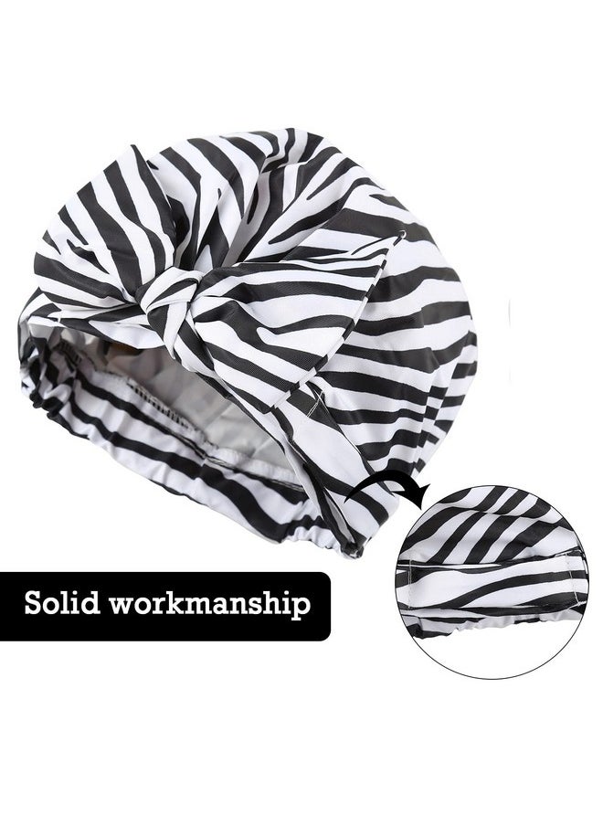 greatremy Reusable Shower Cap For Women Girls Bigger Hair Cap For Showerwaterproof Shower Capreusable Large Bath Shower Caps For Long Hair Braids With Adjustable Bow Zebra Strip  - Image 5