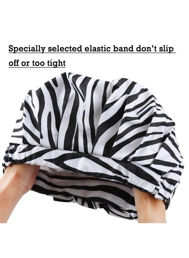 greatremy Reusable Shower Cap For Women Girls Bigger Hair Cap For Showerwaterproof Shower Capreusable Large Bath Shower Caps For Long Hair Braids With Adjustable Bow Zebra Strip  - Image 3