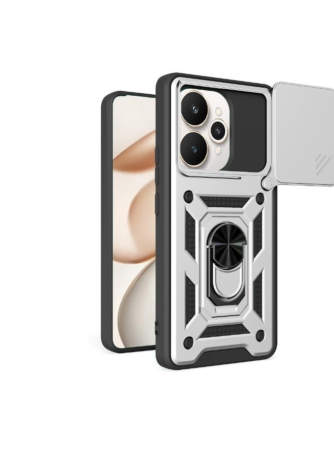 جراب حمايه مقاوم للصدمات وحمايه للكاميرا مزود بدبله معدنيه متوافق مع  Realme 15 / Realme 15 Pro (فضي)