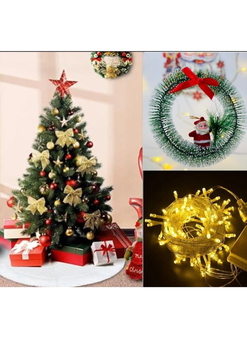Complete set of Christmas home decor 4 pieces (120cm tree with 40 tree ornaments and a star + 18m yellow LED string + tree skirt + small Santa wreath) - Image 1