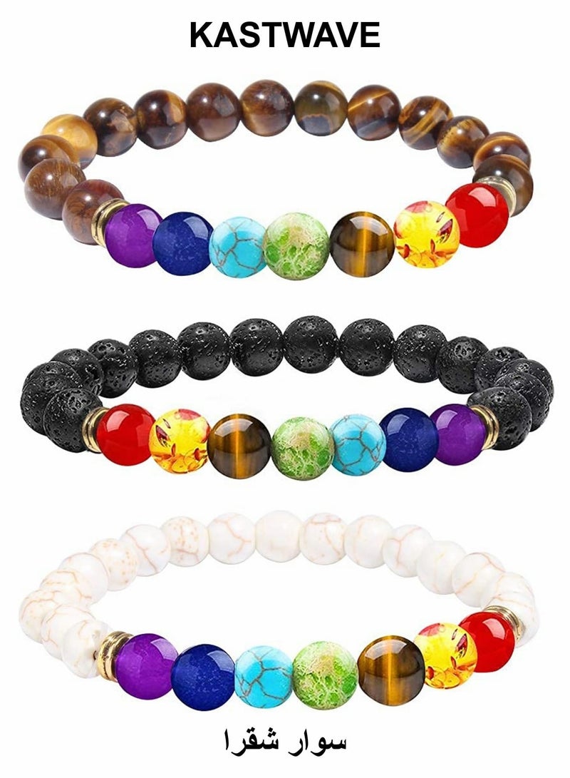 KASTWAVE 3Pcs Chakra Bracelets for Women Lava Rock 7 Chakras Crystals and Healing Stones Bracelets 8mm Crystal Yoga Beaded Essential Oil Diffuser - Image 1