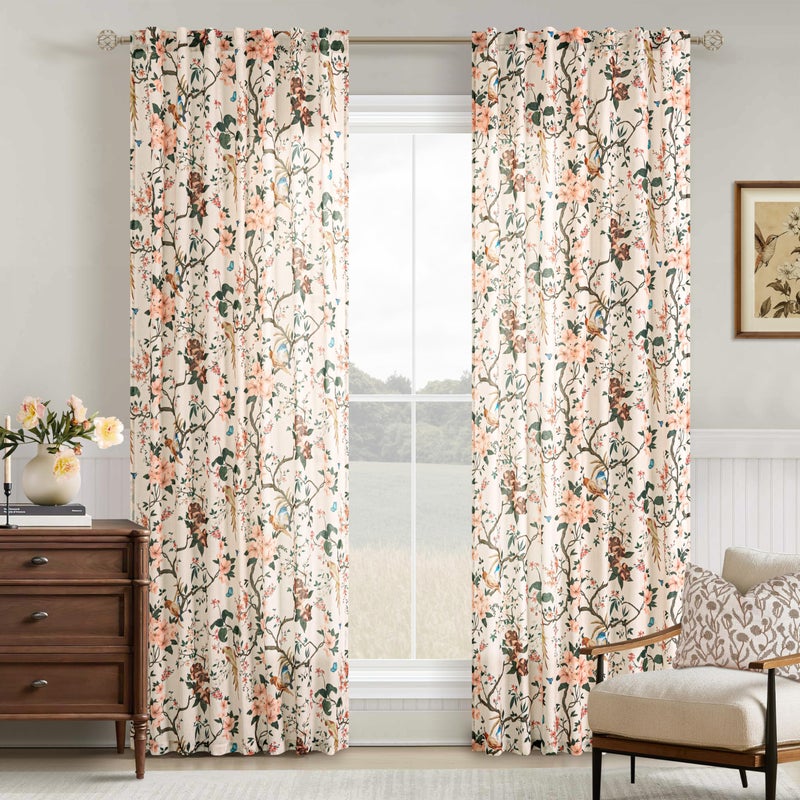 Seeluck Sand Beige Floral Bird Linen Curtains 84 Inches Long for Living Room 2 Panels Back Tab Vintage Farmhouse Country Semi Sheer Beige Tan Printed Flower Leaf Window Drapes for Dining Room Bedroom 7ft - Image 1