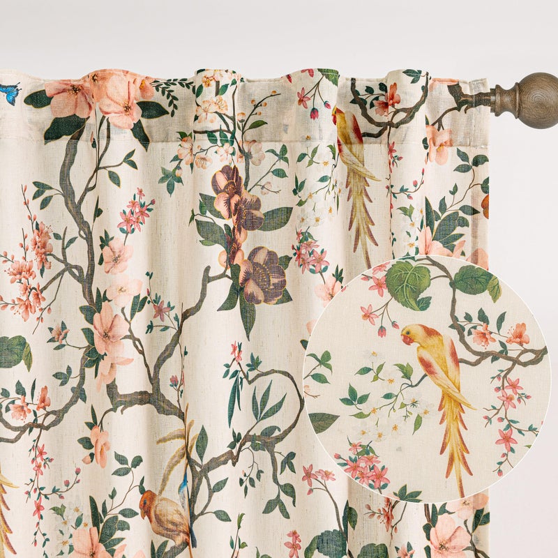 Seeluck Sand Beige Floral Bird Linen Curtains 84 Inches Long for Living Room 2 Panels Back Tab Vintage Farmhouse Country Semi Sheer Beige Tan Printed Flower Leaf Window Drapes for Dining Room Bedroom 7ft - Image 2