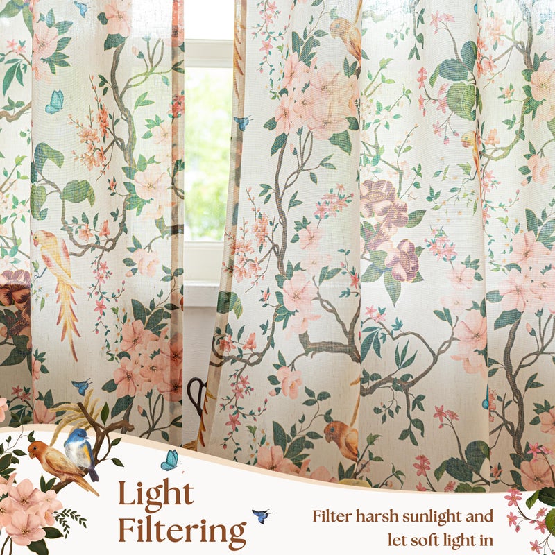 Seeluck Sand Beige Floral Bird Linen Curtains 84 Inches Long for Living Room 2 Panels Back Tab Vintage Farmhouse Country Semi Sheer Beige Tan Printed Flower Leaf Window Drapes for Dining Room Bedroom 7ft - Image 4
