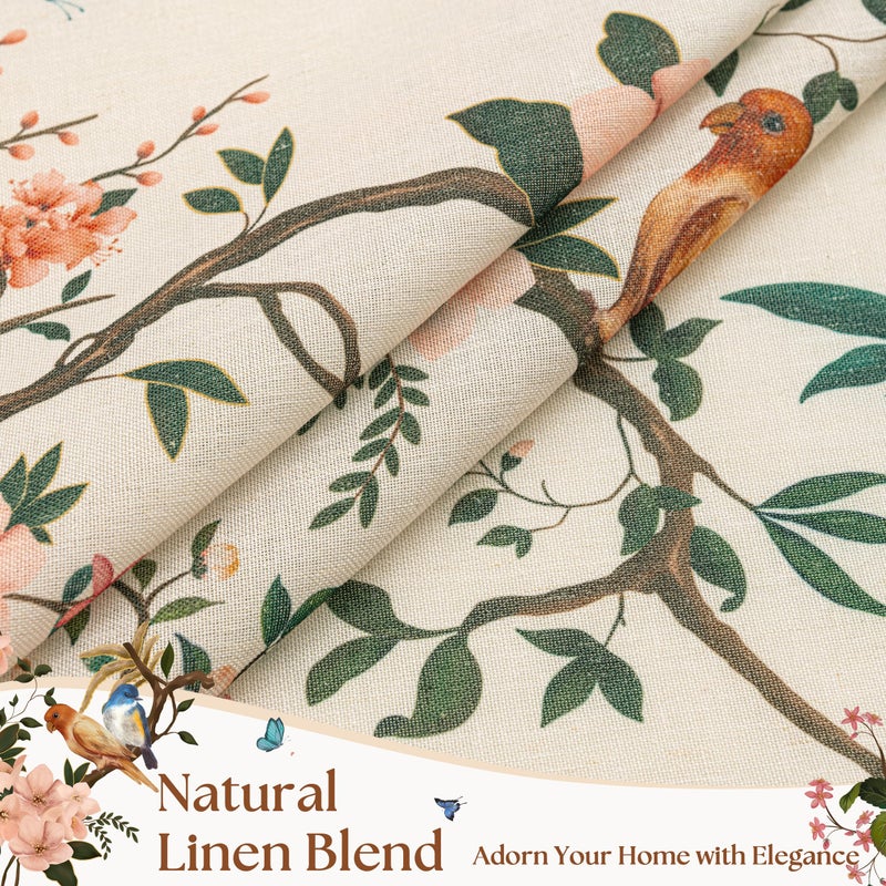 Seeluck Sand Beige Floral Bird Linen Curtains 84 Inches Long for Living Room 2 Panels Back Tab Vintage Farmhouse Country Semi Sheer Beige Tan Printed Flower Leaf Window Drapes for Dining Room Bedroom 7ft - Image 3