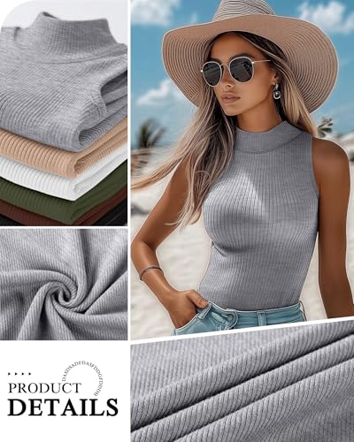 Xaatren 3 Pack Womens Sleeveless Mock Turtlenecks Shirts Ribbed Stretch Slim Fitted Tank Top Basic Lightweight Bustier TeeWhite Black GrayXXLarge - Image 3