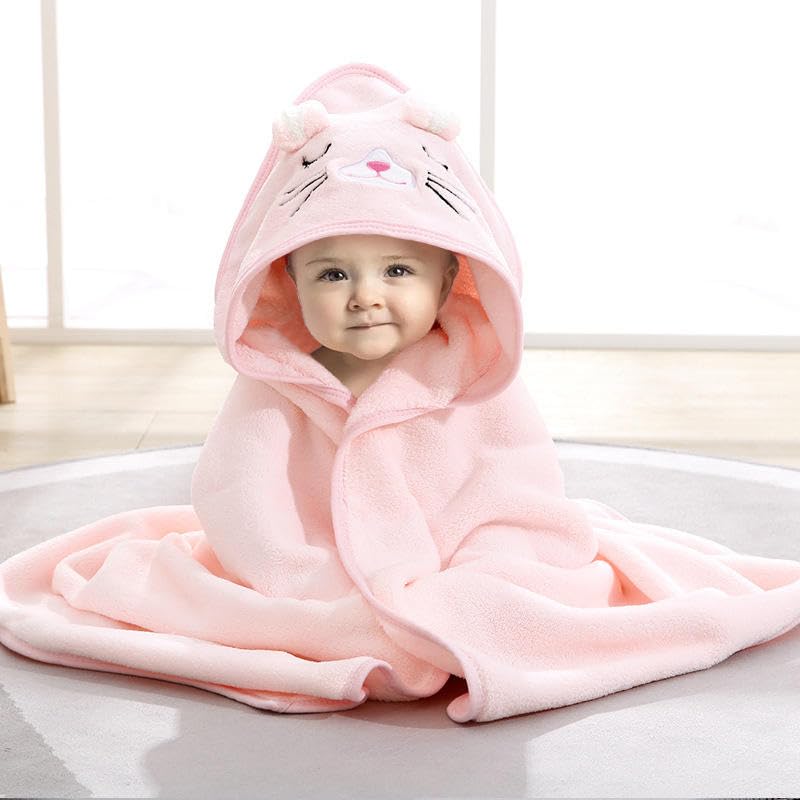 TERI BERI Baby Hooded Towel, Soft and Hypoallergenic Baby Bath Towels with Hood for Toddler Infant Newborn, Large and Absorbent Toddler Towels for Baby Boy Girl (31 x 31 inch) (Pink Kitty) - Image 1