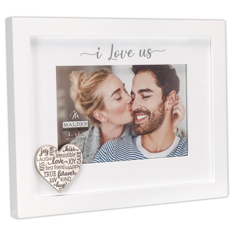 Malden International Designs 4x6 I Love Us Picture Frame Raised White Outer MDF Wood Moulding White Wood Grain Finish Mat With Gray Screenprinted Text Silver Finish Metal Heart Attachment - Image 2