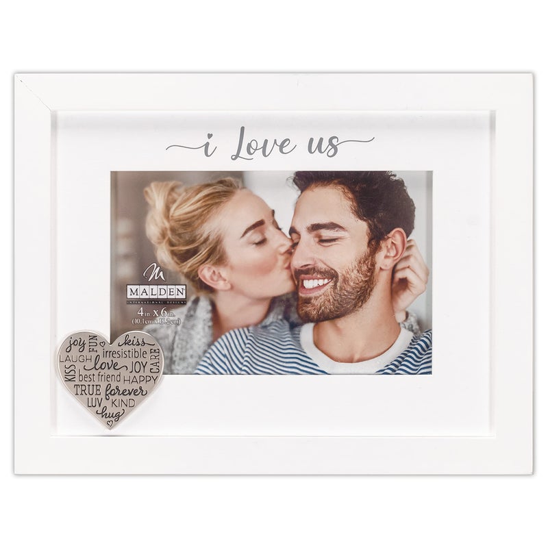 Malden International Designs 4x6 I Love Us Picture Frame Raised White Outer MDF Wood Moulding White Wood Grain Finish Mat With Gray Screenprinted Text Silver Finish Metal Heart Attachment - Image 1