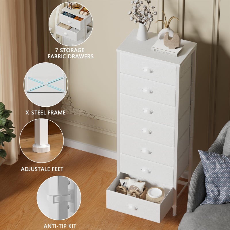 Furnulem White Tall Dresser for Bedroom with 7 Drawers, Vertical Chest of Drawer in Closet, Nightstand Storage Tower Unit Organizer with Fabric Bins for Dorm,Living Room,Entryway,Hallyway - Image 4