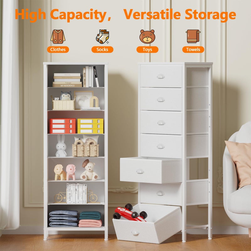 Furnulem White Tall Dresser for Bedroom with 7 Drawers, Vertical Chest of Drawer in Closet, Nightstand Storage Tower Unit Organizer with Fabric Bins for Dorm,Living Room,Entryway,Hallyway - Image 2
