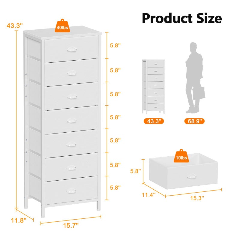 Furnulem White Tall Dresser for Bedroom with 7 Drawers, Vertical Chest of Drawer in Closet, Nightstand Storage Tower Unit Organizer with Fabric Bins for Dorm,Living Room,Entryway,Hallyway - Image 3