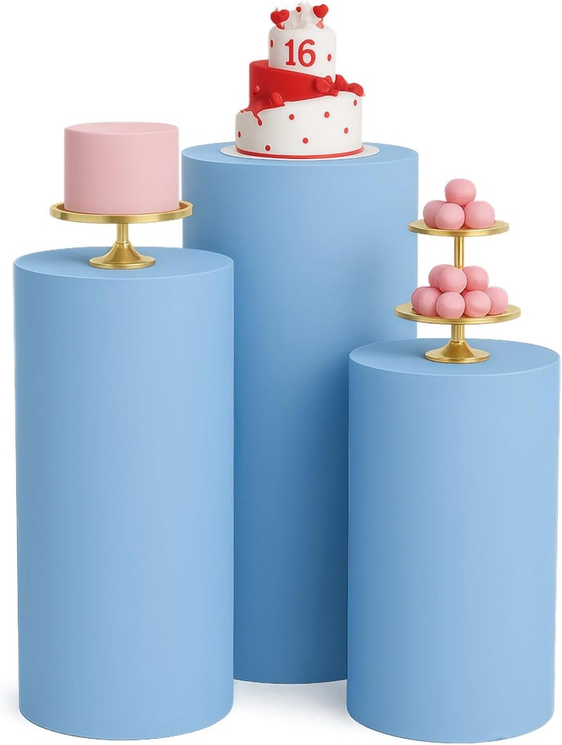 3 Fabric Cylinder Display Covers, Light Blue Event Stands - Image 1
