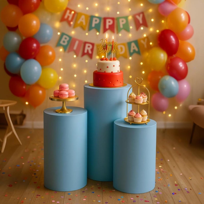 3 Fabric Cylinder Display Covers, Light Blue Event Stands - Image 4