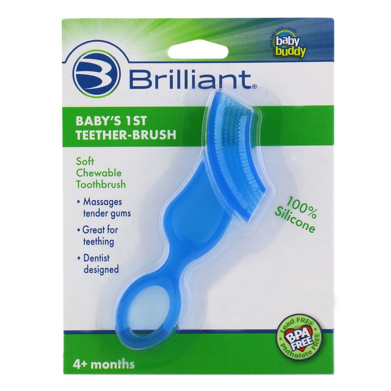 Brilliant Oral Care Babys First Toothbrush Smooth Silicone Bristles Gently Clean Tender Teeth and Gums for Ages 4 Months Blue 1 Pack