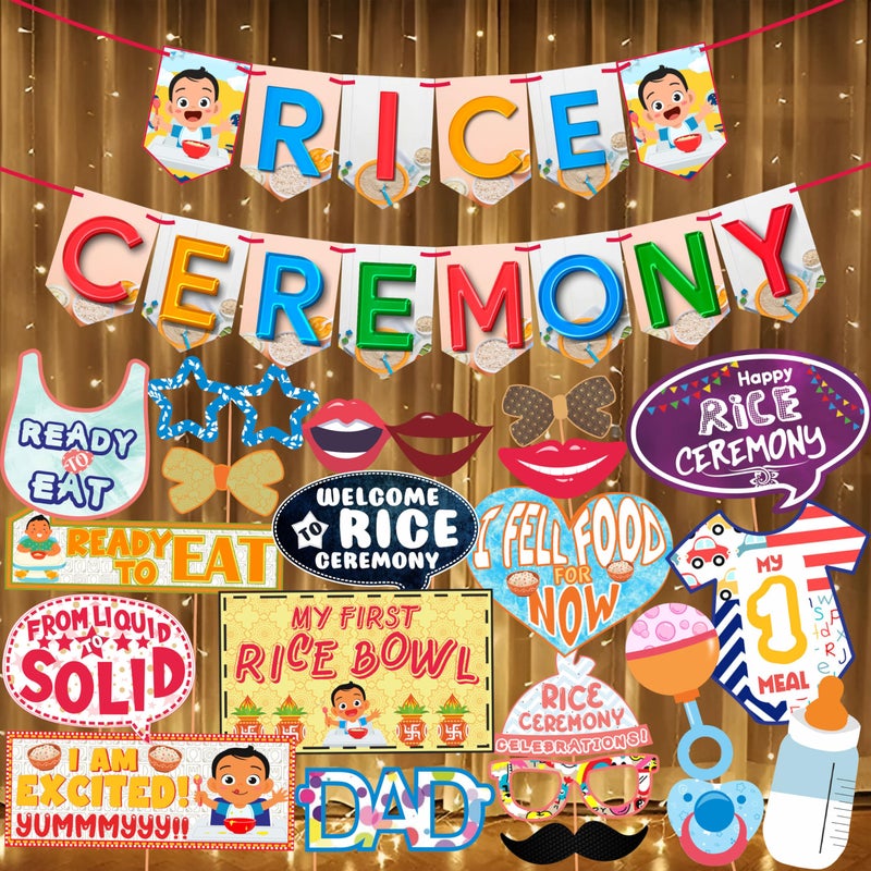 Wobbox Shubh Annaprashan Decoration Items Set which Includes Baby annaprashan Ceremony Props, Subh Annaprashan Banner, Rice Light Decoration, Rice Ceremony Decorations Items(27 Pcs Set)(FP5700) - Image 1