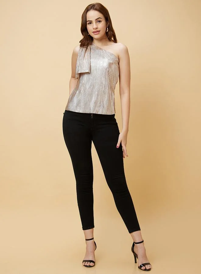 globus Women Beige Solid One Shoulder Pleated Top