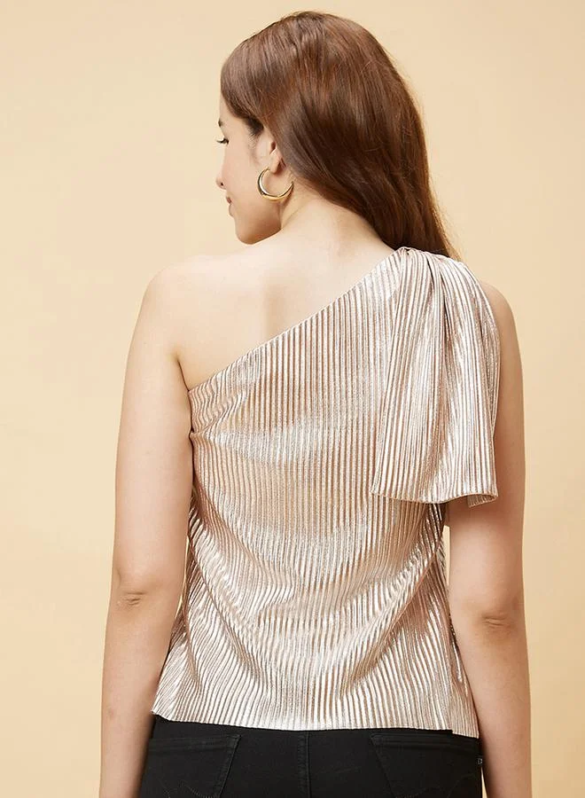 globus Women Beige Solid One Shoulder Pleated Top