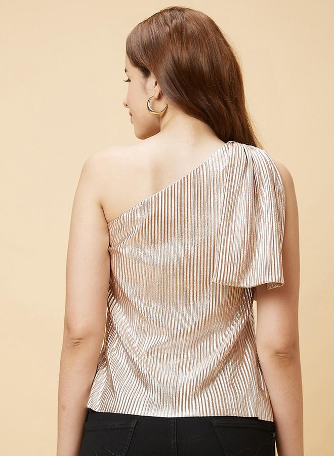 Globus Women Beige Solid One Shoulder Pleated Top - Image 4