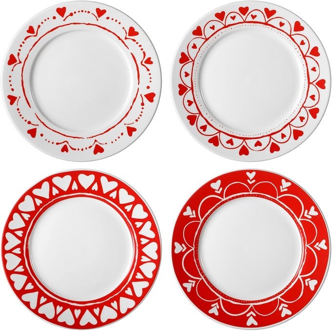 4 PCS 10 INCH VALENTINES DAY CHINA PLATES SET VALENTINES DAY CERAMIC FLAT PLATE DINING PLATES SET FOR VALENTINES DAY BIRTHDAY MOTHERS DAY WEDDING ANNIVERSARY