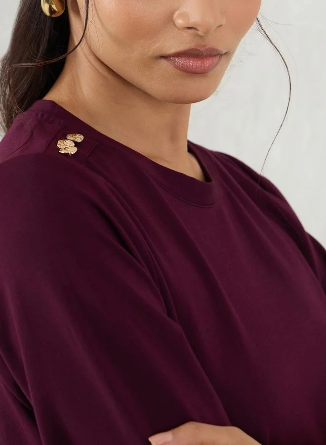 Femmella Femmella Burgundy Solid Knit Shift Midi Dress with Slit Detail