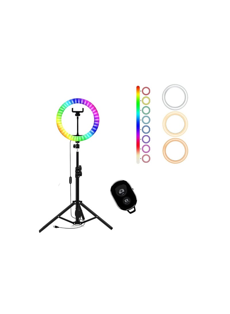25cm RGB LED Ring Light for Camera, Smartphone, YouTube, Video Recording, Makeup – 212cm Adjustable Tripod Stand, Bluetooth Remote Control  - Image 1