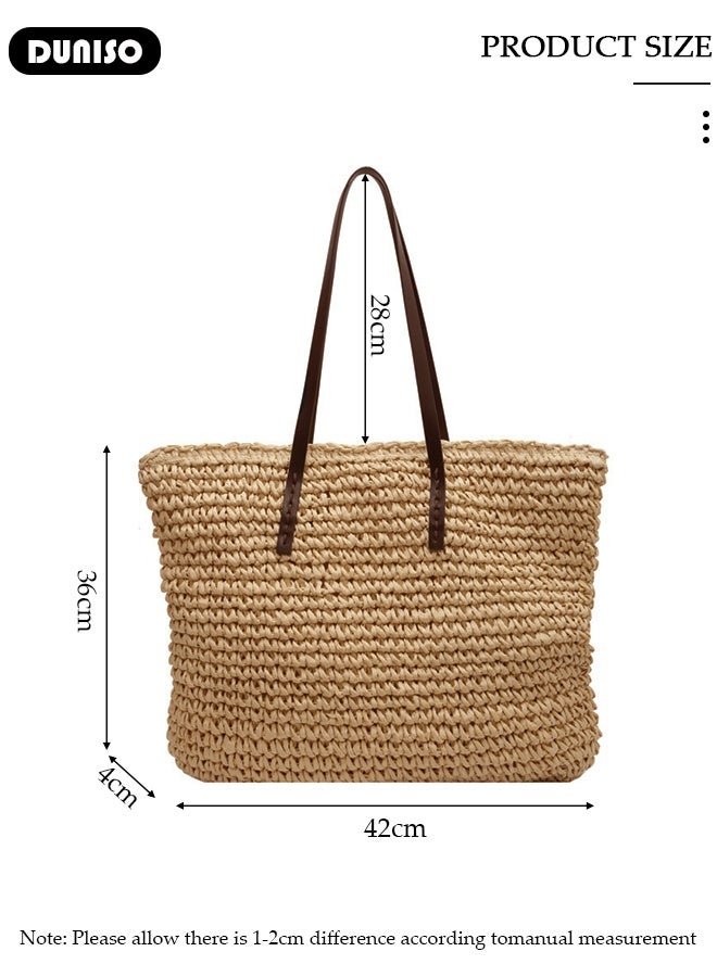 DUNISO Women's Shoulder Tote Bag Straw Design Handbag For Women Large Capacity Bucket Bag Woven Straw Bag Summer Beach Tote Purse Fashionable Travel Messenger Shoulder Bag for Ladies Girls College Students - Image 2
