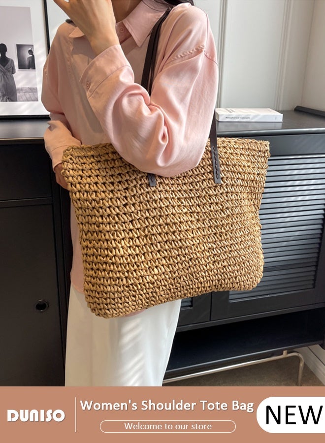 DUNISO Women's Shoulder Tote Bag Straw Design Handbag For Women Large Capacity Bucket Bag Woven Straw Bag Summer Beach Tote Purse Fashionable Travel Messenger Shoulder Bag for Ladies Girls College Students - Image 1