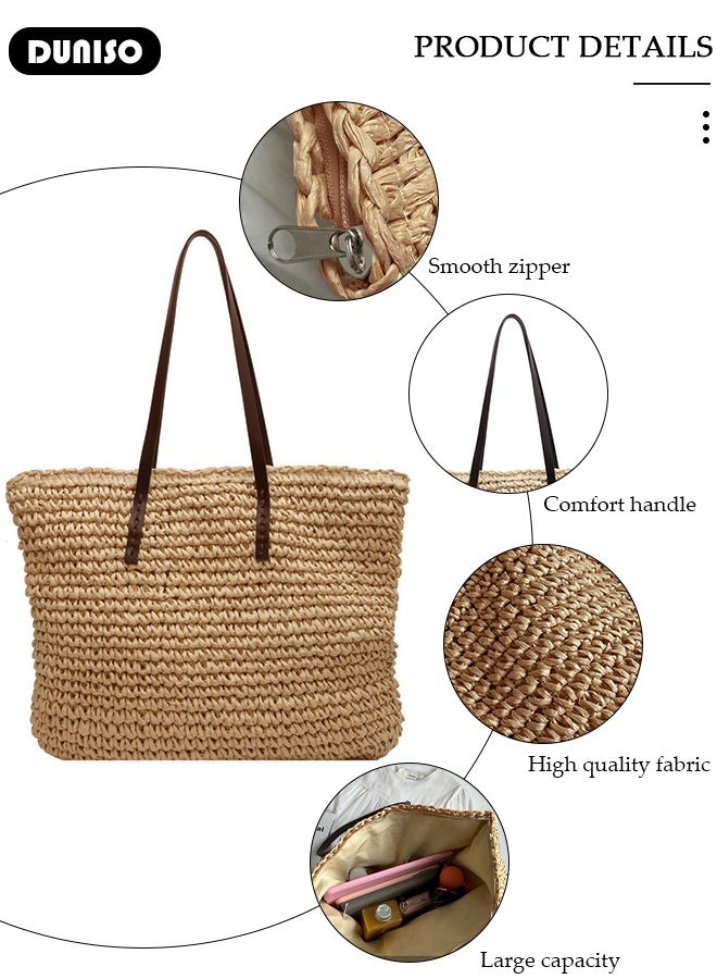 DUNISO Women's Shoulder Tote Bag Straw Design Handbag For Women Large Capacity Bucket Bag Woven Straw Bag Summer Beach Tote Purse Fashionable Travel Messenger Shoulder Bag for Ladies Girls College Students - Image 3